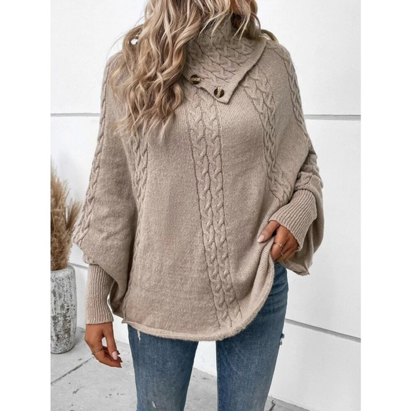 Boho Winter Camel Tan Cable Knit Turtleneck Poncho Size Medium - Picture 3 of 7